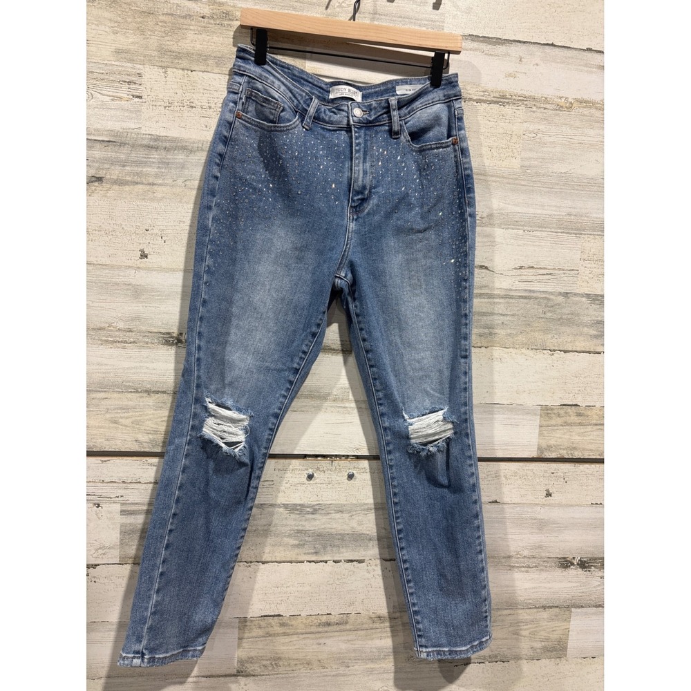 Judy Blue Jeans Womens 9/29 Blue Rhinestone Distressed Slim Fit EUC